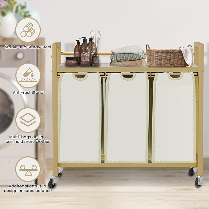 Laundry Hamper, Laundry Basket, Laundry Sorter with 3 Removable Bags, Clothes Basket with 3 Compartments, Wheels, Shelf for Laundry Room Bathroom Bedroom (3 Bags-Golden)-Ruum Studio Home
