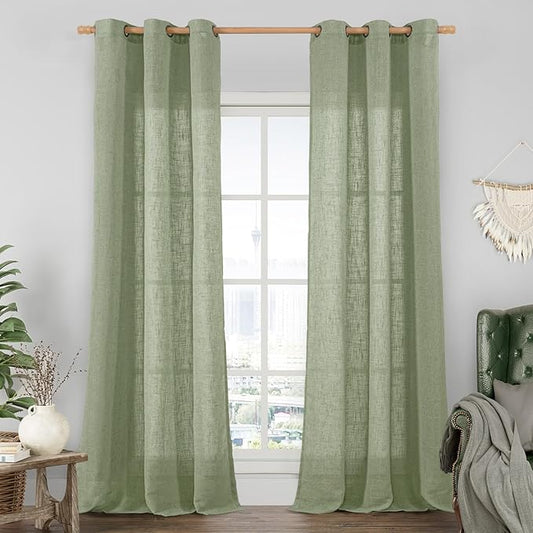 LAMIT Sage Green Linen Curtains 84 inch Length, Semi Sheer Light Filtering Living Room Decor Panels Bronze Grommet Neutral Boho Drapes for Bedroom, 2 Panels Set, 34 x 84 Inch-Ruum Studio Home