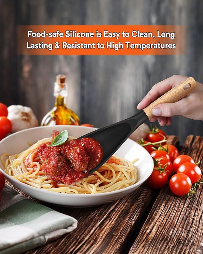 Cooking Spoon for Nonstick Cookwares, Great for Cooking and Serving Sturdy BPA-Free Matte Silicone, Wood Handle Spoon for Mixing, Scoop, and Scrape (2 Pack of Black, 11.4 inch)-Ruum Studio Home