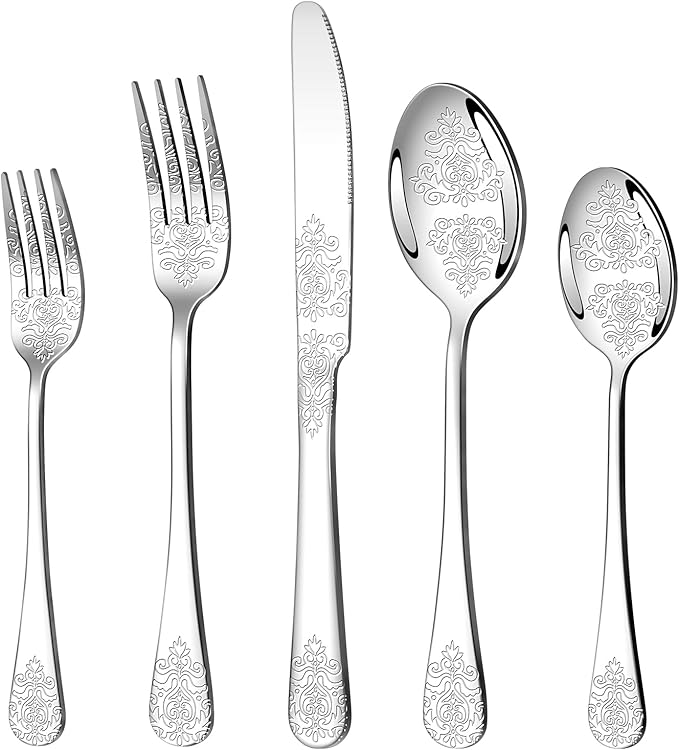 40 Pcs Silverware Set for 8 with Classical Flower Embossed Design, Food Grade Stainless Steel Flatware Set, Eating Utensils Sets Include Fork/Knife/Spoon, Reusable Cutlery Set, Dishwasher Safe-Ruum Studio Home