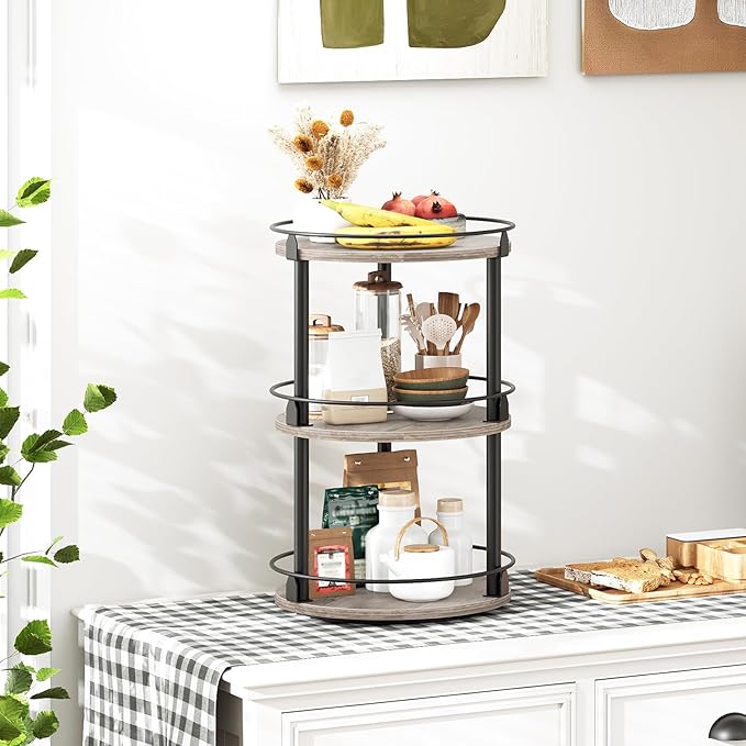 3-Tier Lazy Susan Organizer, Rotating Spice Rack, Spinning Organizer, Industrial Turntable Spice Rack Organizer for Cabinet, Kitchen Countertop, Greige and Black SR23BG-Ruum Studio Home