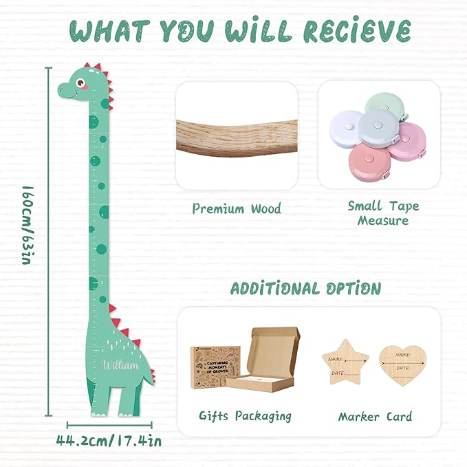 Personalized Name Growth Chart, Dinosaur Wooden Height Chart, Thick Height Measuring Board, Kids Height Tracker for Nursery Decor, Baby Boy Girl Measurement Ruler, Growth Charts Ruler-Ruum Studio Home