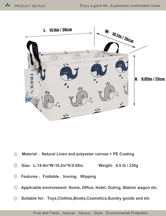 Rectangular Folding Laundry Basket,Canvas Basket,Nersury Hamper,Suitable for Children,Office,Bedroom,Clothes,Toys Storage (REC whale), 14.9’’L ×10.2’’W×9.05’’H inches-Ruum Studio Home