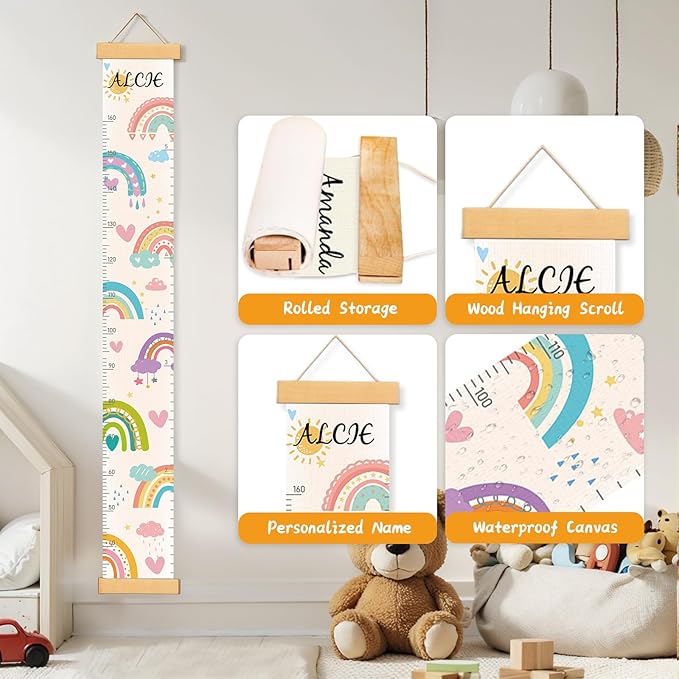 Personalized Name Growth Chart Wall Decor for Kids – Canvas Removable Height Chart Measuring Ruler 59" x 7.9" (Rainbows)-Ruum Studio Home