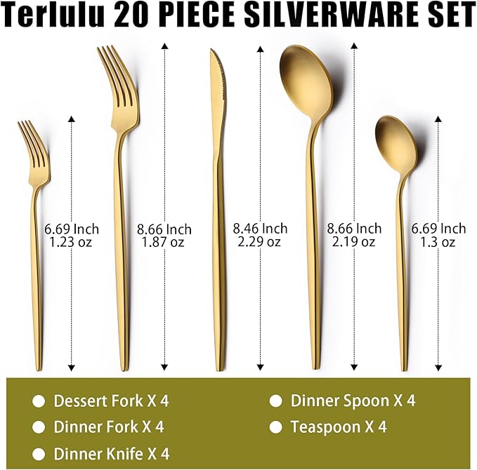 20 Piece Gold Silverware Set for 4, Terlulu Stainless Steel Flatware Set, Gold Cutlery Set Utensils Set, Tableware Include Forks Knives Spoons for Home Kitchen Restaurant Wedding, Satin Finish-Ruum Studio Home