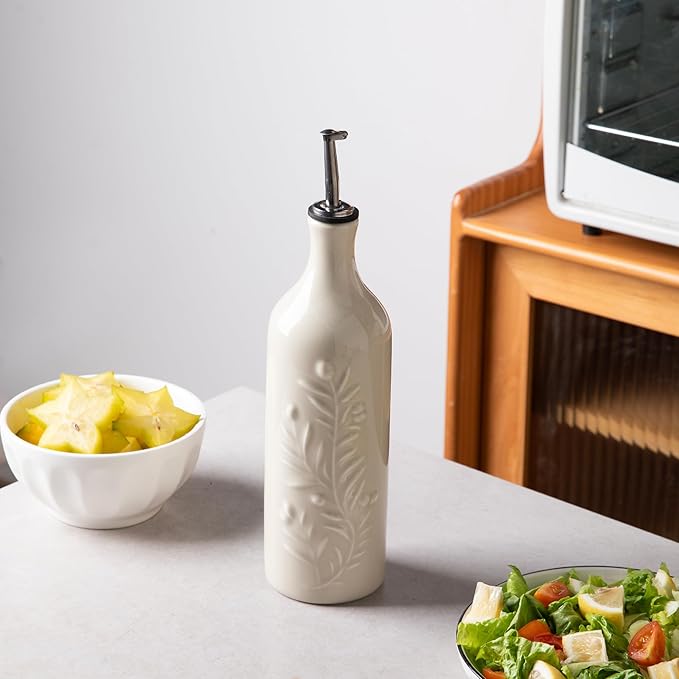 Sweejar Large Olive Oil Dispenser Bottle with Spout, 24 Oz Ceramic Oil Dispenser for Kitchen, Relief Opaque Oil Cruet, Oil Container for Cooking, EVOO, Avocado Oil, Vinegar, Pack of 1 (Beige)-Ruum Studio Home