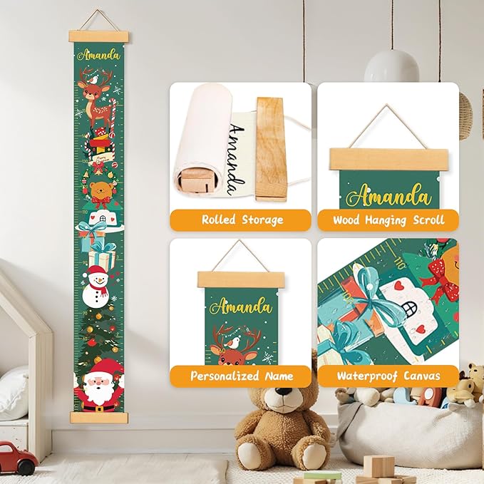 Personalized Name Growth Chart Wall Decor for Kids – Canvas Removable Height Chart Measuring Ruler 59" x 7.9" (Christmas Deer)-Ruum Studio Home