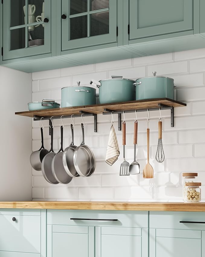 OROPY 2 Pack Wooden 23.6'' Pot Pan Hanging Rack Wall Mounted with 10 S Hooks, Set of 2 Large Pot Wall Holder Kitchen Shelves for Utensils, Cookware-Ruum Studio Home