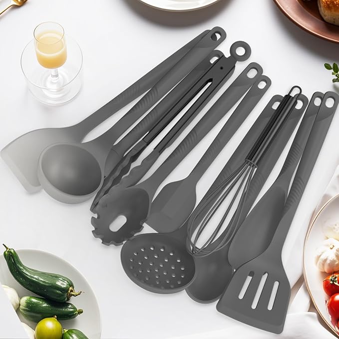 Silicone Cooking Utensils Set - 600°F Heat Resistant, Nonstick Kitchen Utensil Set with Spatulas, Spoons, Whisk, Tongs, BPA Free, Dishwasher Safe (Gray)-Ruum Studio Home