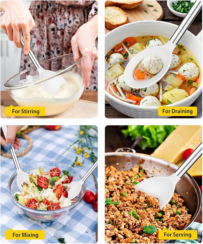 Pack of 2 Large Silicone Cooking Spoons,Non Stick Solid Basting Spoon,Heat-Resistant Kitchen Utensils for Mixing,Serving,Draining,Stirring (WHITE)-Ruum Studio Home
