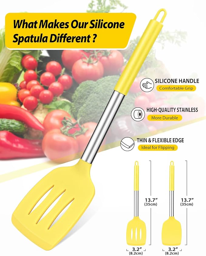 Pack of 2 Silicone Solid Turner, Non Stick Slotted Kitchen Spatulas, High Heat Resistant BPA Free Cooking Utensils, Ideal Cookware for Fish, Eggs, Pancakes(Yellow)-Ruum Studio Home