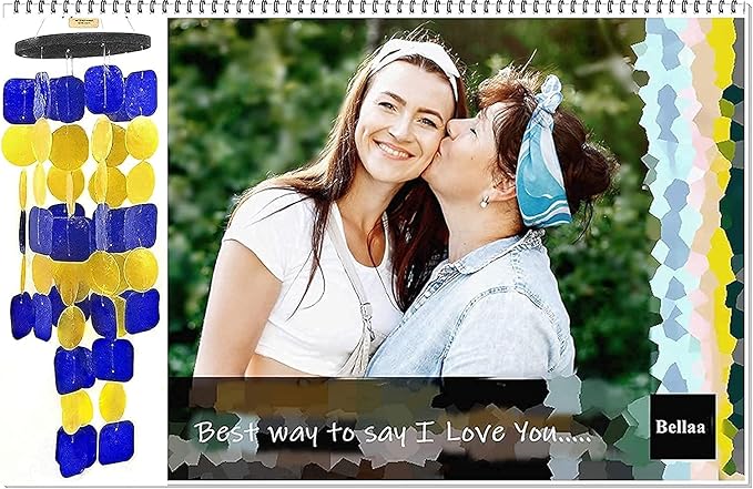 Bellaa 24889 Wind Chimes Outdoor, Garden Decorations, Musical, Indoor/Outside Windchimes, Beach, Ocean Breeze, Gifts for Mom, Gift for All Occasions, Capiz Sea Glass Shells Wood Yellow Blue-Ruum Studio Home