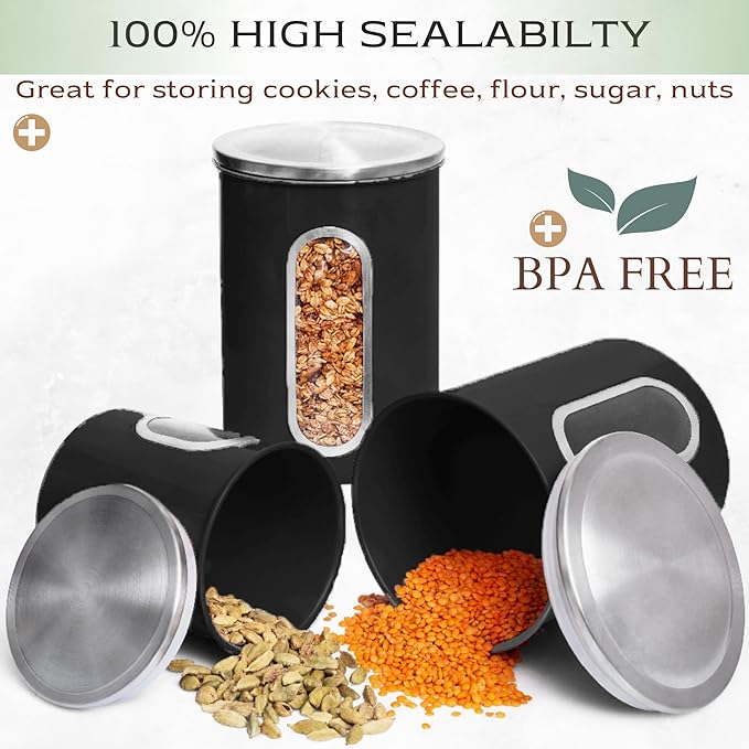 Moss & Stone 3-Piece Black Canisters Sets For The Kitchen, Airtight Canister Set With See Through Window, Storage Jars for Coffee Container, Tea Organizer & Sugar Canister, Black Kitchen Canisters-Ruum Studio Home