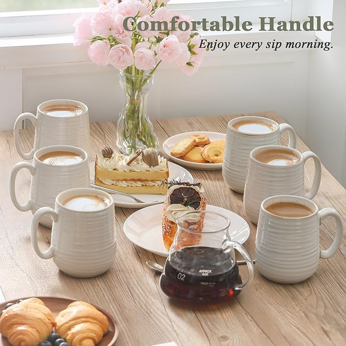 Hasense Coffee Mugs Set of 6, Ceramic Coffee Cups with Handle for Home Office, 12 Ounce Tea Cup for Coffee, Latte, Hot Cocoa, Dishwasher and Microwave Safe, Clay-Infused White-Ruum Studio Home