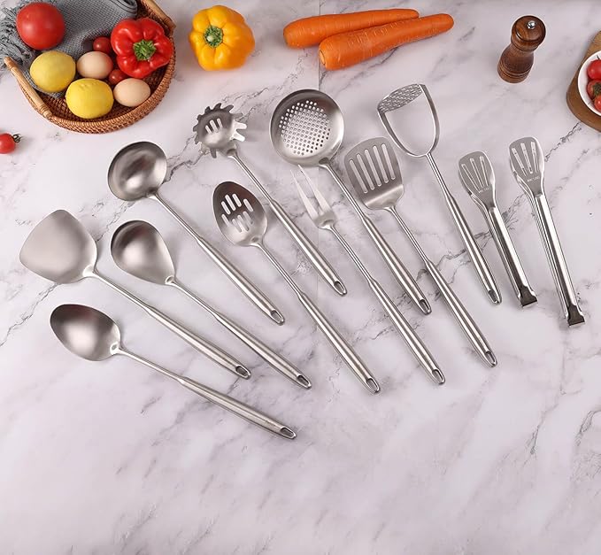 18/10 Stainless Steel Kitchen Utensils Set - 12 PCS All Metal Cooking Tools & 15″ Serving Utensils - Potato Masher, Meat Fork, Tongs, Turner, Pasta, Serving Spoon, Skimmer, Ladle, Spatula Spoon Set-Ruum Studio Home