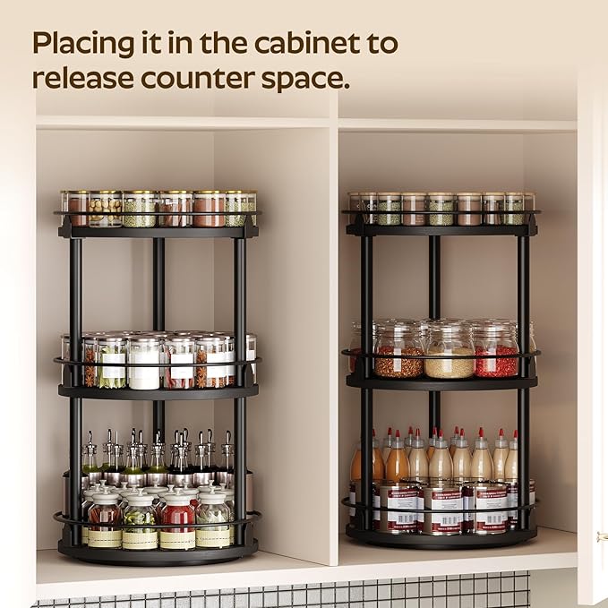 3-Tier Lazy Susan Organizer, Rotating Spice Rack, Spinning Organizer, Industrial Turntable Spice Rack Organizer for Cabinet, Kitchen Countertop, Pantry, Black SR23BK-Ruum Studio Home