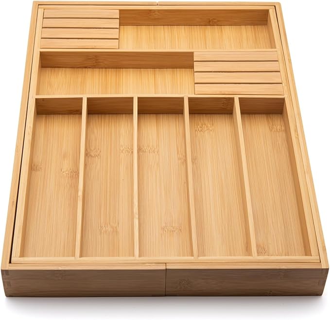 Bamboo Drawer Organizer with Knife Blocks - Silverware Organizer & Utensil Drawer Organizer, Cutlery Tray with Dividers, 7-9 Slots- Premium Kitchen Organizer for Utensils & Flatware (Natural)-Ruum Studio Home