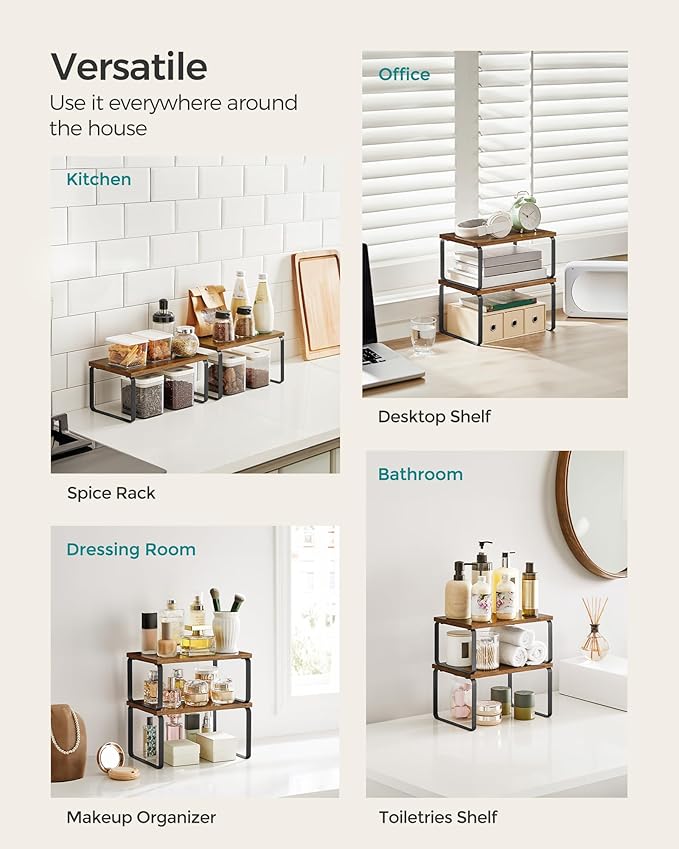 SONGMICS Cabinet Organizer Shelf, Set of 2 Kitchen Counter Shelves, Kitchen Storage, Spice Rack, Stackable, Expandable, Metal and Engineered Wood, Ink Black and Rustic Brown UKCS020X01-Ruum Studio Home