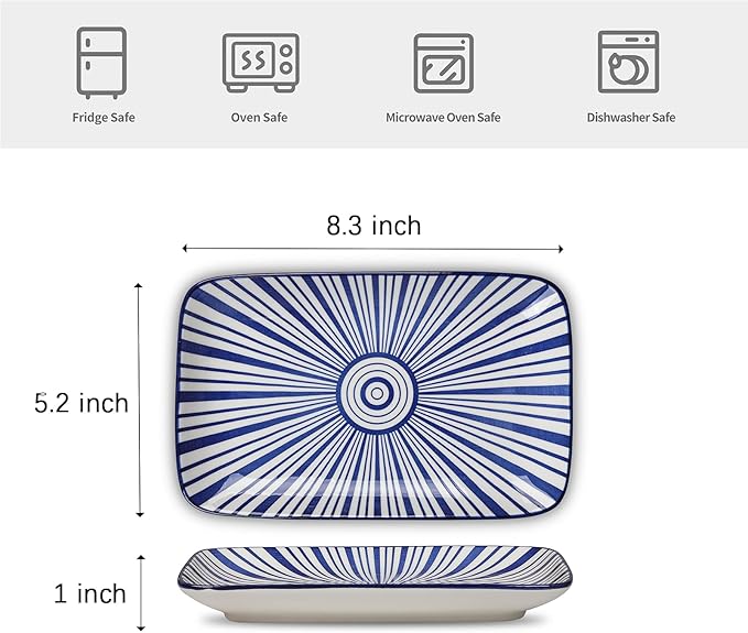 Selamica Ceramic Rectangular Salad Plates Set of 4, Small Serving Plates for Appetizers, Sushi, Fruit, Assorted Colors-Ruum Studio Home