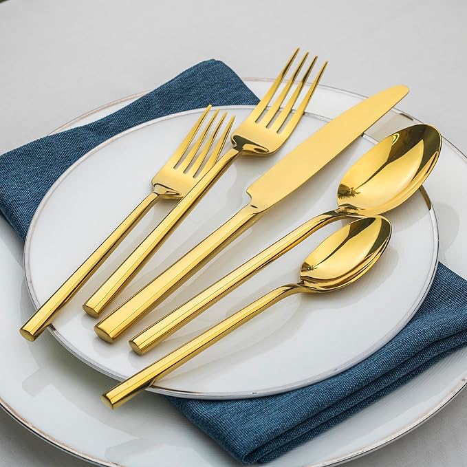 Alata Potter Gold 20-Piece Forged Silverware Set with Utensil-Serving Set, Service for 4, Stainless Steel Flatware Set, Modern Design with Mirror Finish, Ideal for Home, Kitchen, Party, Camping-Ruum Studio Home