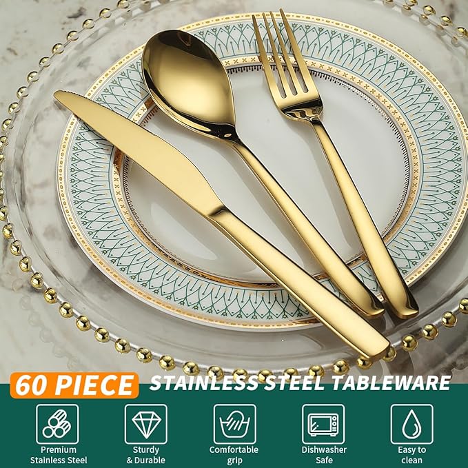 Berglander Gold Wedding Silverware Set 60pcs Service for 20, Titanium Plating Stainless Steel Flatware Set, Gold Spoons Forks Knives Set for Home, Wedding, Restaurant, Dishwasher Safe-Ruum Studio Home