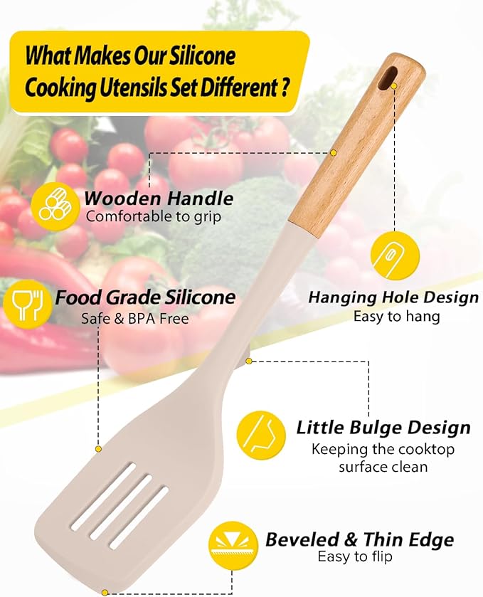 Silicone Kitchen Utensil Set for Non Stick Cookware, 7 Pcs Heat Resistant Cooking Utensils with Wooden Handle, BPA Free Kitchen Tools with Spatulas, Spoons, Skimmer and Pasta Fork (KHAKI)-Ruum Studio Home