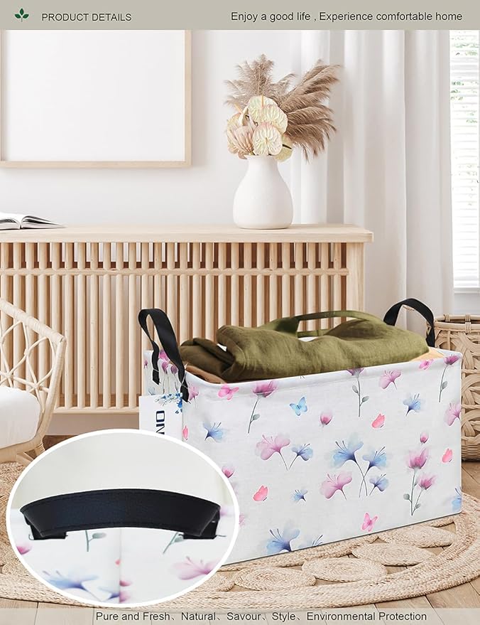 Rectangular Folding Laundry Basket,waterproof Canvas Basket,gift basket,Suitable for children's room,Office,Clothes,Toys Storage(Watermark flower)-Ruum Studio Home