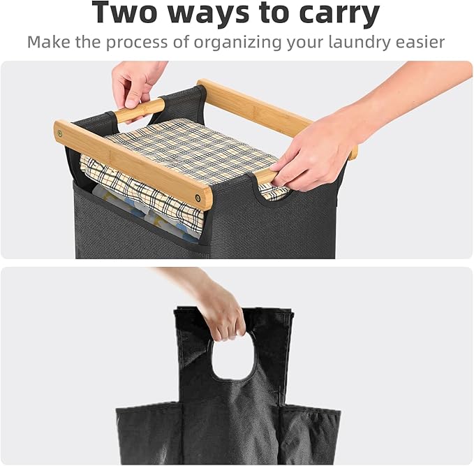 Laundry Hampers 3 Section, Laundry Sorter with Removable Shelf and Pull-Out Bags, Clothes Hampers with Wheels Rolling Cart Basket for Laundry Room Bathroom, 3 x 40 L (Black White Gray)-Ruum Studio Home