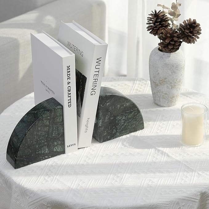 Marble Bookend for Shelves, Non-Skid Bookends for Heavy Books, Heavy Duty Book Stopper for CDs, Luxury Book Shelf Holder, Quarter Circle Design Book Ends Decorative, Indian Green, Set of 2-Ruum Studio Home