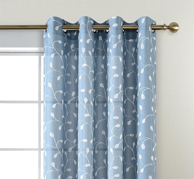 MIUCO Floral Embroidered Semi Sheer Curtains Faux Linen Grommet Window Curtain for Living Room 52 x 84 Inch 2 Panels, Dusty Blue-Ruum Studio Home