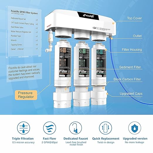 Frizzlife Under Sink Water Filter System with Brushed Nickel Faucet SP99-NEW, NSF/ANSI 42&53 Certified 3-Stage 0.5 Micron Removes Lead, Chlorine, Chloramine, Fluoride, Quick Change, Do not Lower TDS-Ruum Studio Home