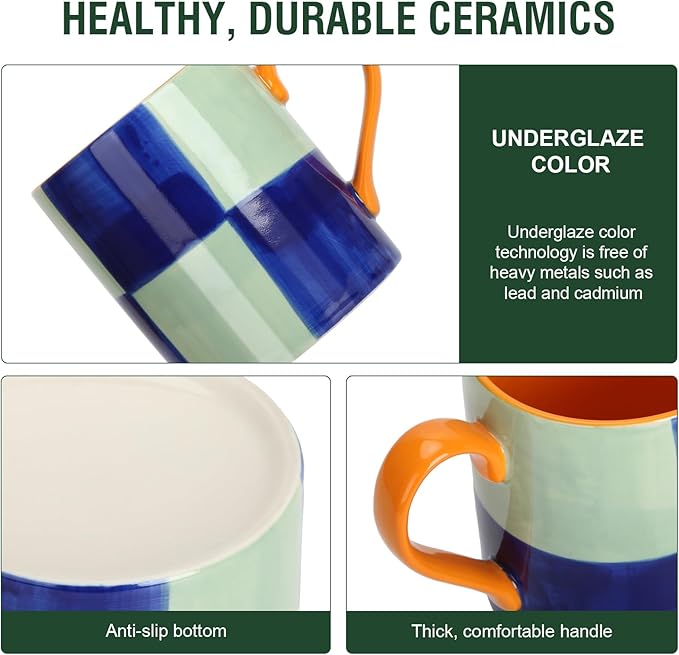 Koja Colorful Hand Painted 16 oz. Porcelain Ceramic Mugs Set. Service for 4.-Ruum Studio Home