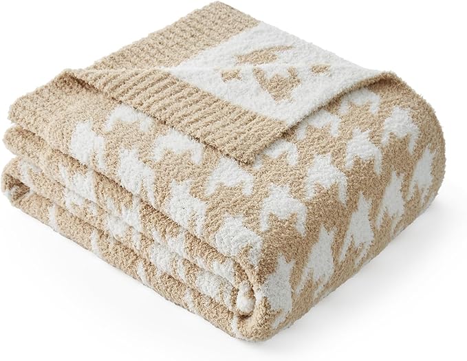 Snuggle Sac Throw Blanket for Couch, Reversible Super Soft Warm Blankets Cozy Knit Fuzzy Plush Lightweight Throws for Sofa, Bed, Camping,Houndstooth Beige,50x60 inches-Ruum Studio Home