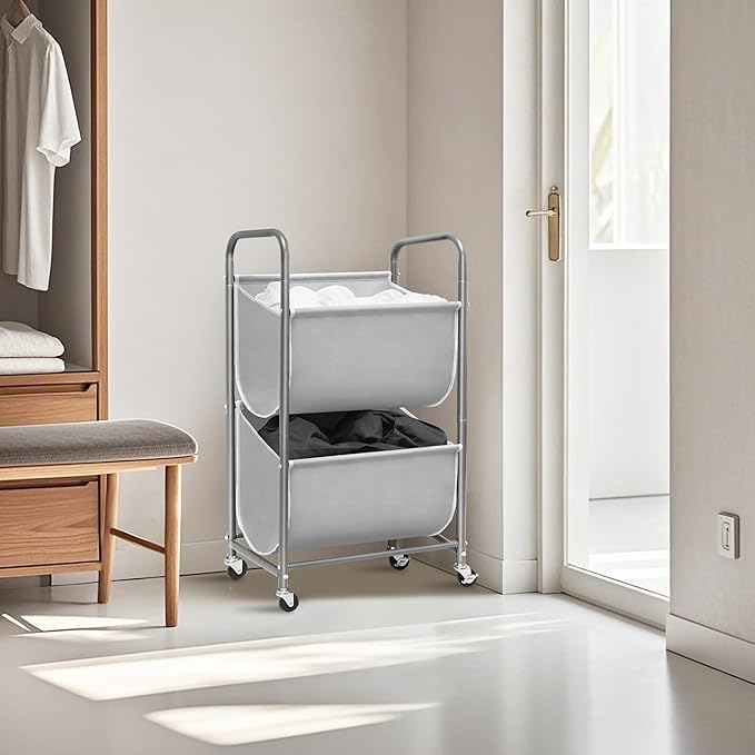 STORAGE MANIAC 80 Liters Vertical Rolling Laundry Hamper, 2 Section Laundry Sorter with Wheels and 2 Breaks, 2-tier Laundry Baskets for Small Space, Dorm, Laundry Room, Closet, Bathroom, Gray 2-tier-Ruum Studio Home
