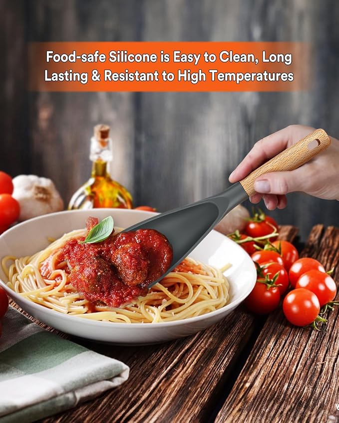 Cooking Spoon for Nonstick Cookwares, Great for Cooking and Serving Sturdy BPA-Free Matte Silicone, Wood Handle Spoon for Mixing, Scoop, and Scrape (2 Pack of Grey, 11.4 inch)-Ruum Studio Home
