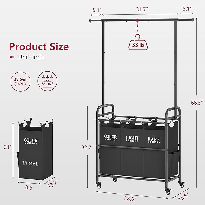 Tajsoon Laundry Sorter Cart with Hanging Rack, Laundry Sorter 3 Section, Laundry Hamper with Heavy Duty Rolling Lockable Wheels, Black-Ruum Studio Home