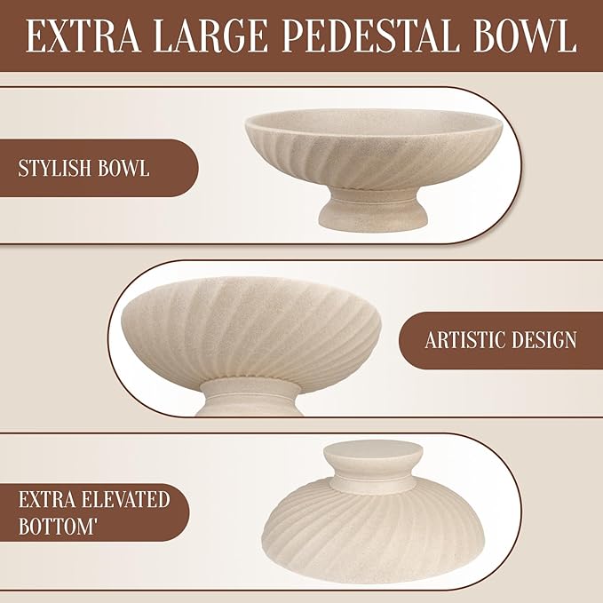 Large Resin Pedestal Decorative Bowl - Modern Fruit Bowl for Kitchen Counter - Handicraft Bowls for Home Decor - Key Bowl for Entry Table,Artificial Stone Beige-Ruum Studio Home