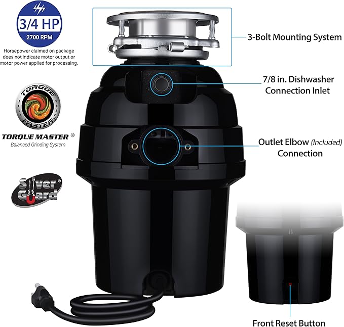 Waste Maid 10-US-WM-458-3B Garbage Disposal Anti-Jam Stainless Steel Food Waste Grinding System, 3/4 HP Deluxe, Black-Ruum Studio Home