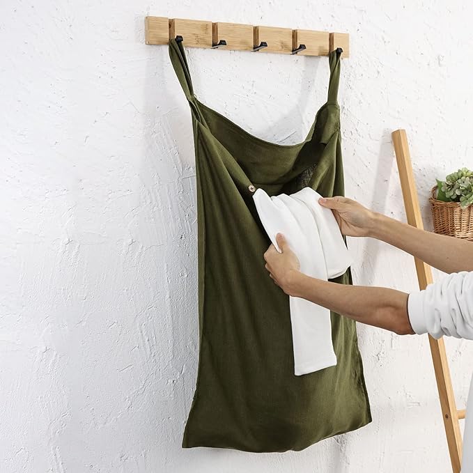 Linen Hanging Laundry Bag, 100% Linen Over The Door Laundry Hamper with Buttons and Zipper, Space Saving Door Hampers for Laundry Dirty Clothes Home Travel, Green-Ruum Studio Home