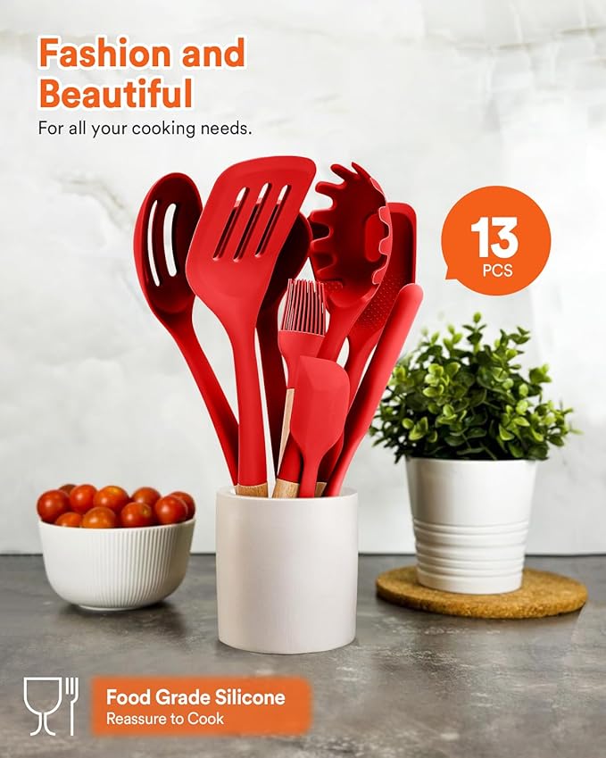 Kitchen Utensils Set, 13PCS Silicone Cooking Utensils, Heat Resistant Kitchen Utensil Spatula Set for Nonstick Cookware, Wooden Handles Kitchen Gadgets Tools Set (RED)-Ruum Studio Home