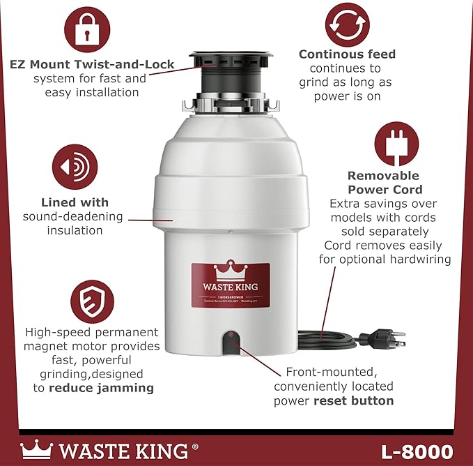 Waste King Garbage Disposal for Kitchen Sink with Power Cord, Food Waste Disposer, L-8000-Ruum Studio Home