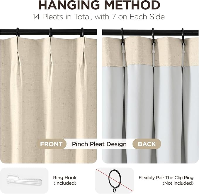 Joydeco Pinch Pleated Linen Curtains for Living Room, 100% Blackout Curtains 84 inches Long 2 Panel Thermal Insulated Pinch Pleat Drapes(Bleached Sand,40'' Wx84'' L)-Ruum Studio Home