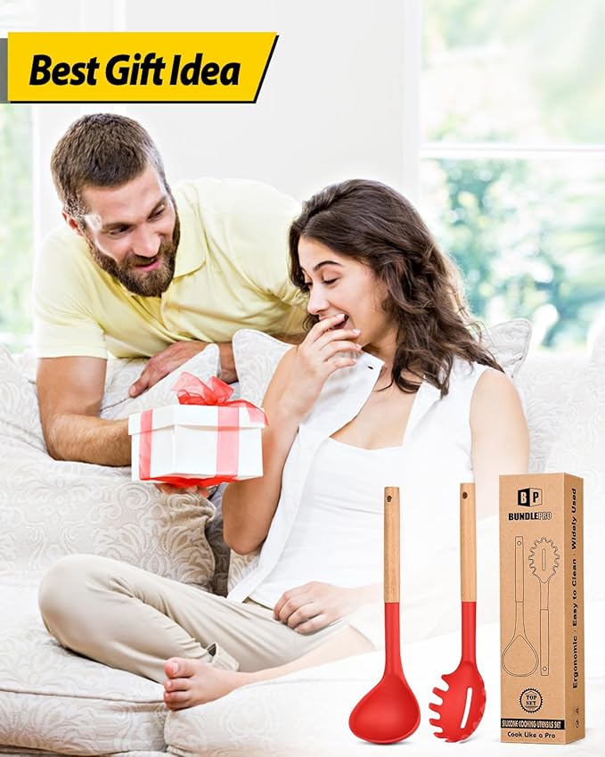 Silicone Pasta Fork and Ladle Spoon Set with Wooden Handle, Heat Resistant Non Stick Kitchen Utensils for Cooking, Stirring, Serving Spaghetti, Soup, Sauce(RED)-Ruum Studio Home