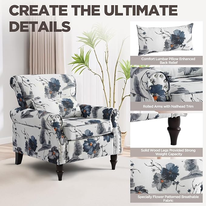 Wingback Accent Chair with Removable Pillow, High Back Floral Armchair with Solid Wood Legs & Nailhead Trim, Comfy Upholstered Reading Single Sofa Chair for Bedroom (1, Ink Blue Pattern)-Ruum Studio Home