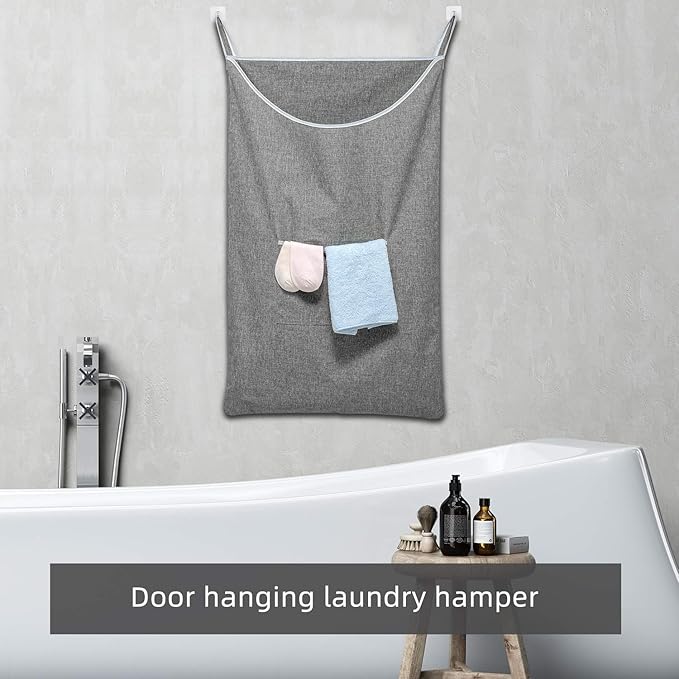 X-Large Hanging Laundry Hamper Bag, Door Hanging Hamper with Front Pocket Dirty Clothes Hanging Laundry Bag Large Size 35X22 inch Door Laundry Basket (Grey)-Ruum Studio Home