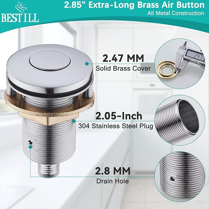 BESTILL Garbage Disposal Air Switch Kit - UL Listed, Brass 2.95" Short Sink Top On/Off Switch Button for Food Waste Disposer, Chrome, Compatible with all Garbage Disposals-Ruum Studio Home