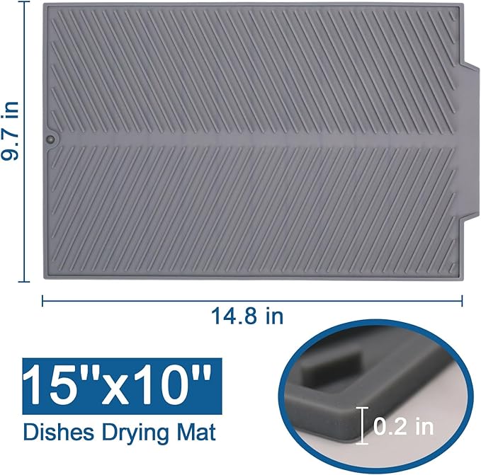 Silicone Dish Drying Mat for Kitchen Counter, 15''x 10'' Drying Mat with Drain Lip, Non-Slip Dish Drainer Mats with Built-in Drain, Heat Resistant Drain Pad on Countertop, Gray-Ruum Studio Home