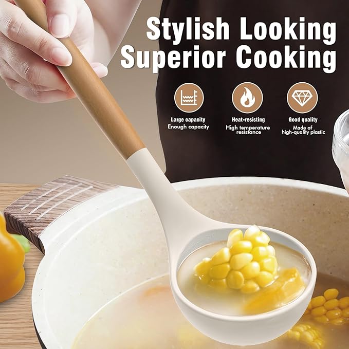 Silicone Cooking Utensils Set - Silicone Kitchen Utensils for Cooking Wooden Handles, 446°F Heat Resistant Kitchen Utensil Spatula Sets w Holder, Gadgets for Non-Stick Cookware BPA FREE (Cream White)-Ruum Studio Home