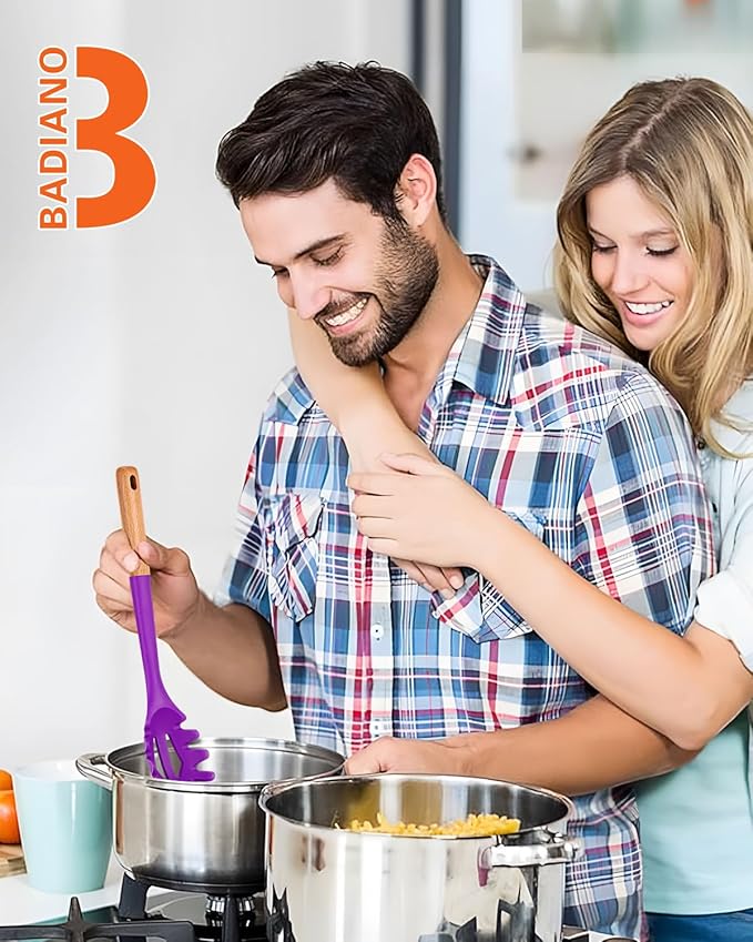 Silicone Pasta Fork, Kitchen Heat Resistant Noodle Spoon Server, BPA Free Spaghetti Strainer,12.8 inch (BERRY)-Ruum Studio Home