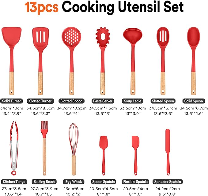 Kitchen Utensils Set, 13PCS Silicone Cooking Utensils, Heat Resistant Kitchen Utensil Spatula Set for Nonstick Cookware, Wooden Handles Kitchen Gadgets Tools Set (RED)-Ruum Studio Home